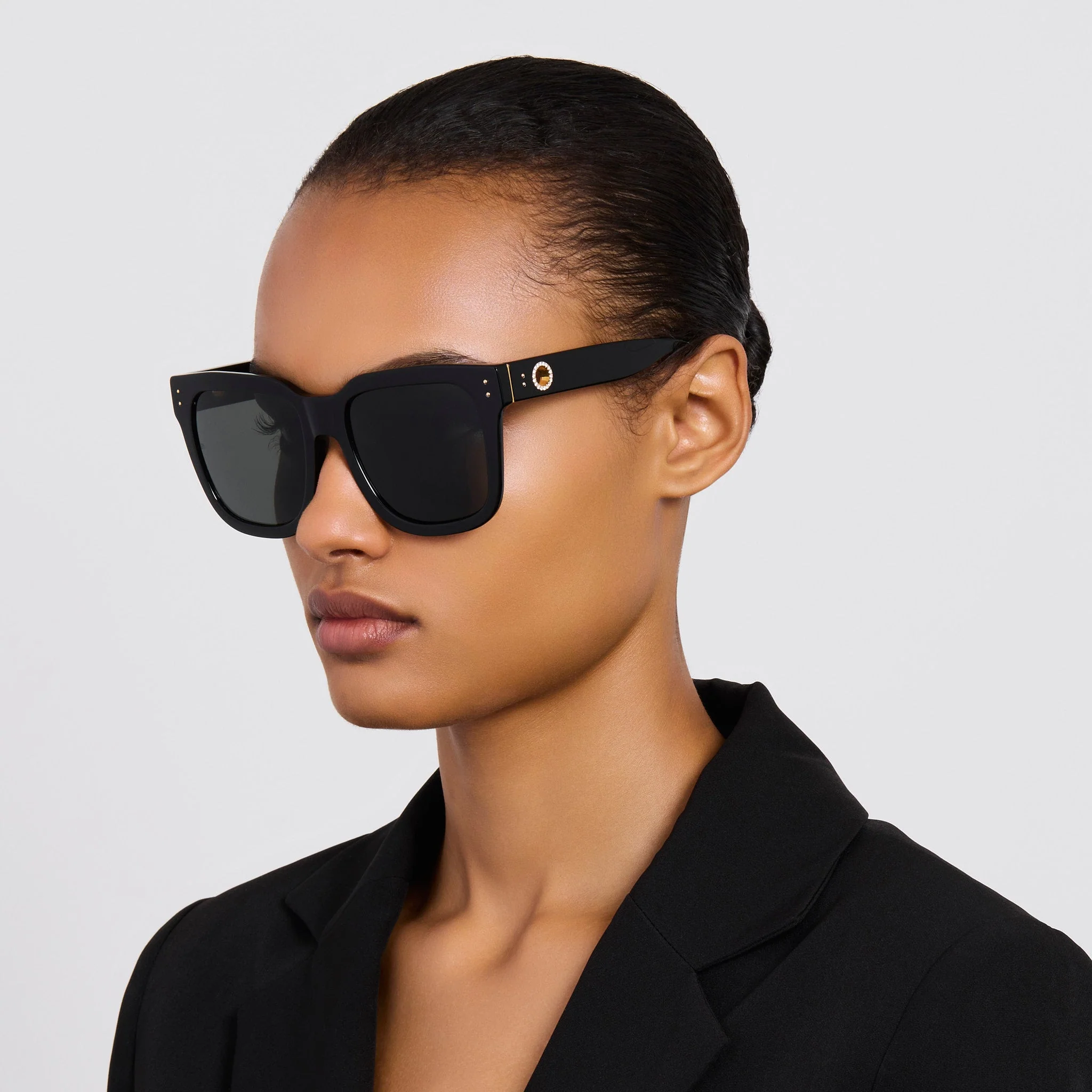Freya Square Sunglasses in Black with Diamonds and 22K Gold - Image 3