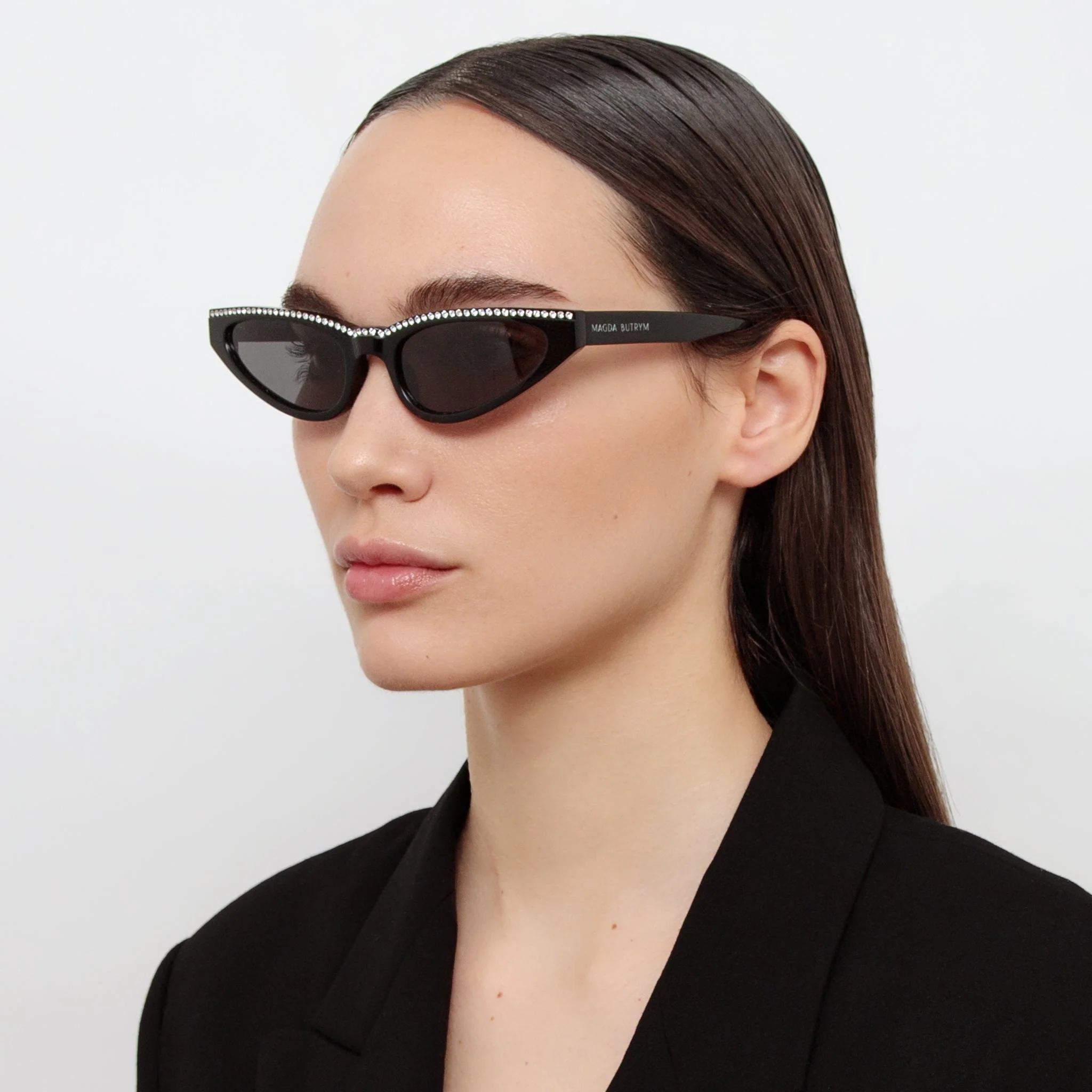 Slim Cat Eye Sunglasses in Black and Crystals - Image 3